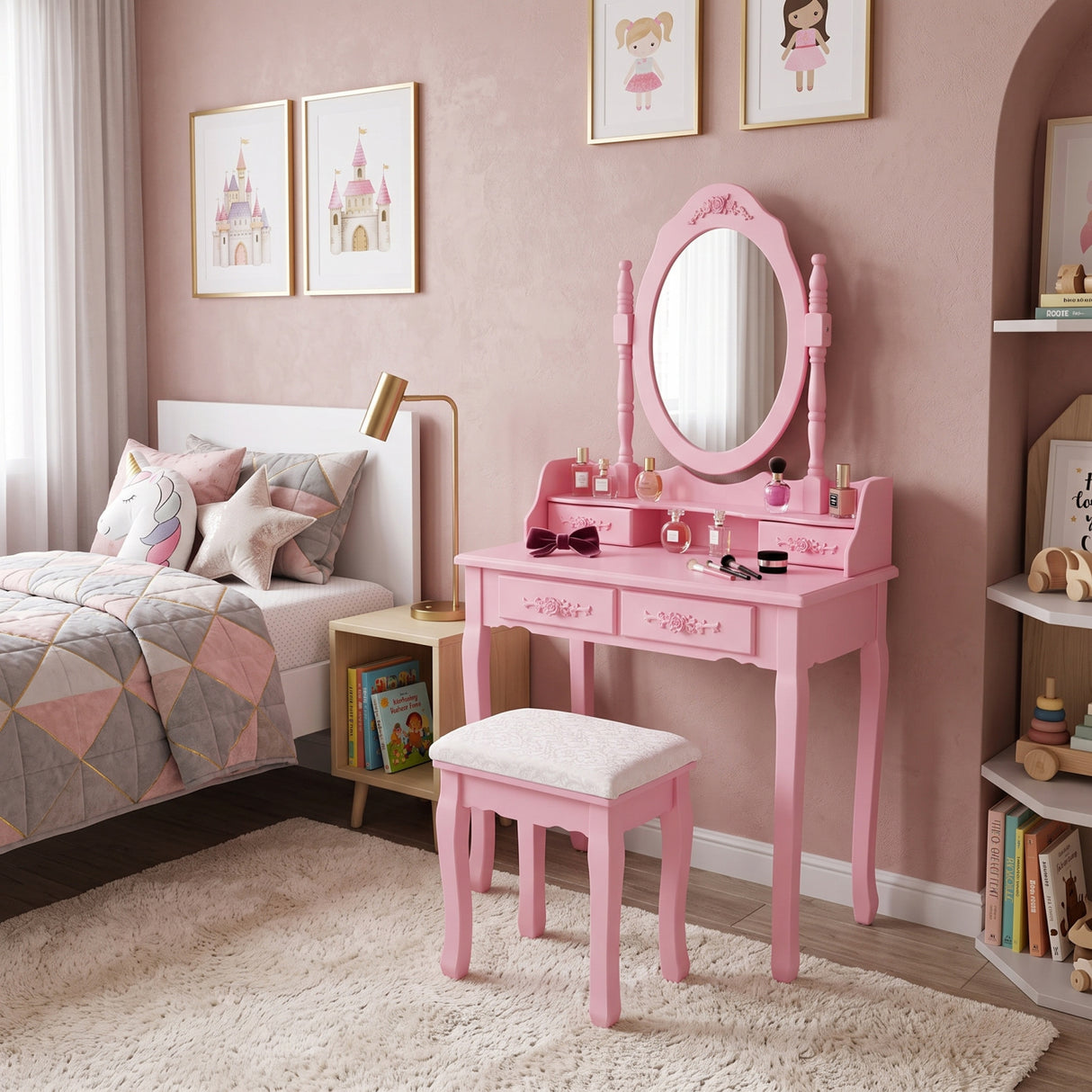 Pink Princess Vanity Desk Set with Mirror and Stool | OROA Kids