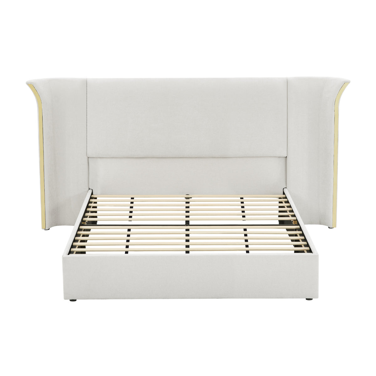 Queen Size Beige Chenille Wingback Upholstered Bed Frame | OROA