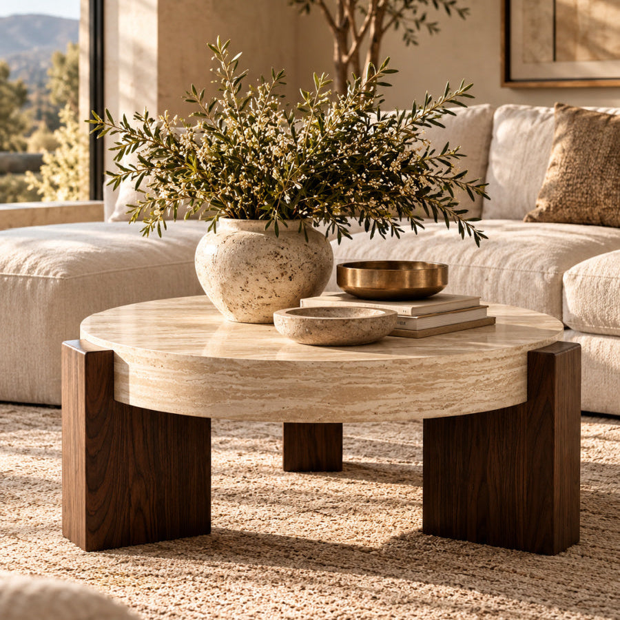 Modern European furniture - Round Travertine Top Coffee Table - www.oroa.com