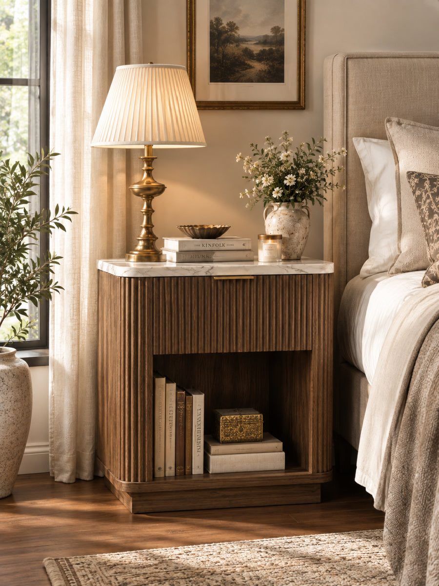 Walnut Fluted Nightstand with Storage Drawer | OROA