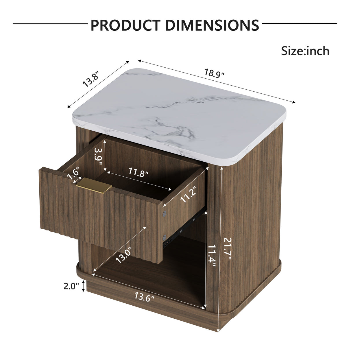 Walnut Fluted Nightstand with Storage Drawer | OROA
