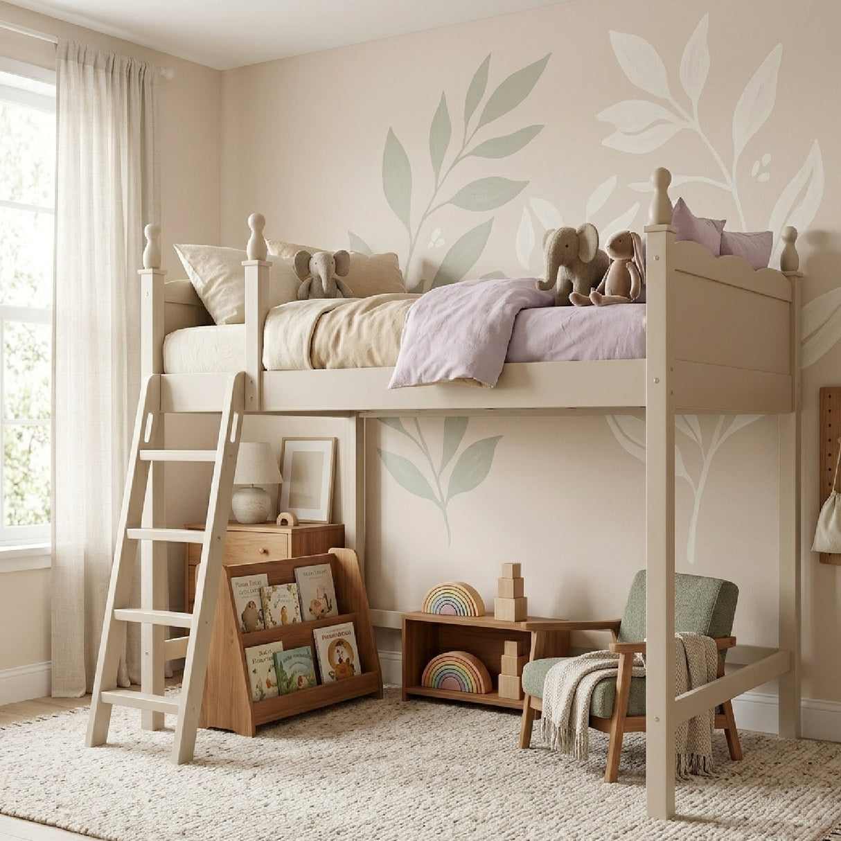 Solid Wood Beige Loft Bed with Ladders | OROA Kids