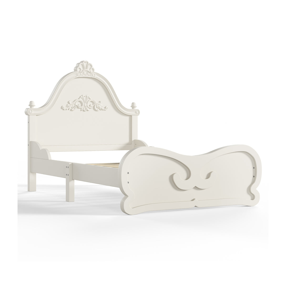 Beige Twin Vintage Carved Solid Wood Platform Bed | OROA Kids