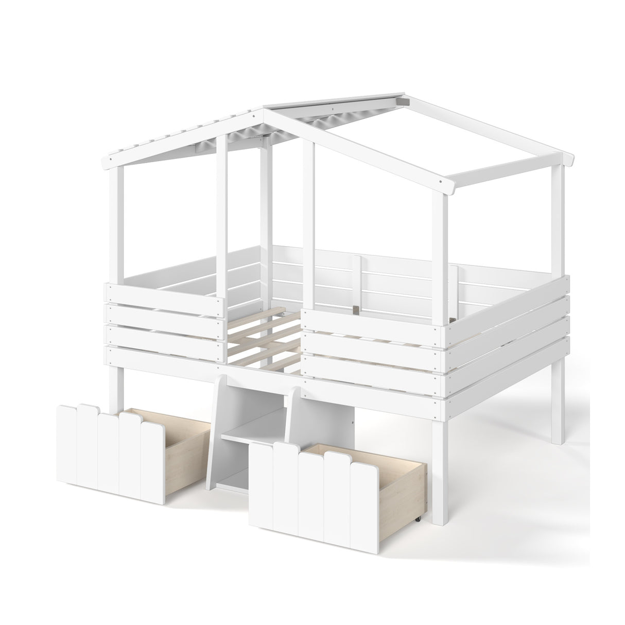 White Full House Loft Bed with Stairs and Storage Drawers | OROA Kids