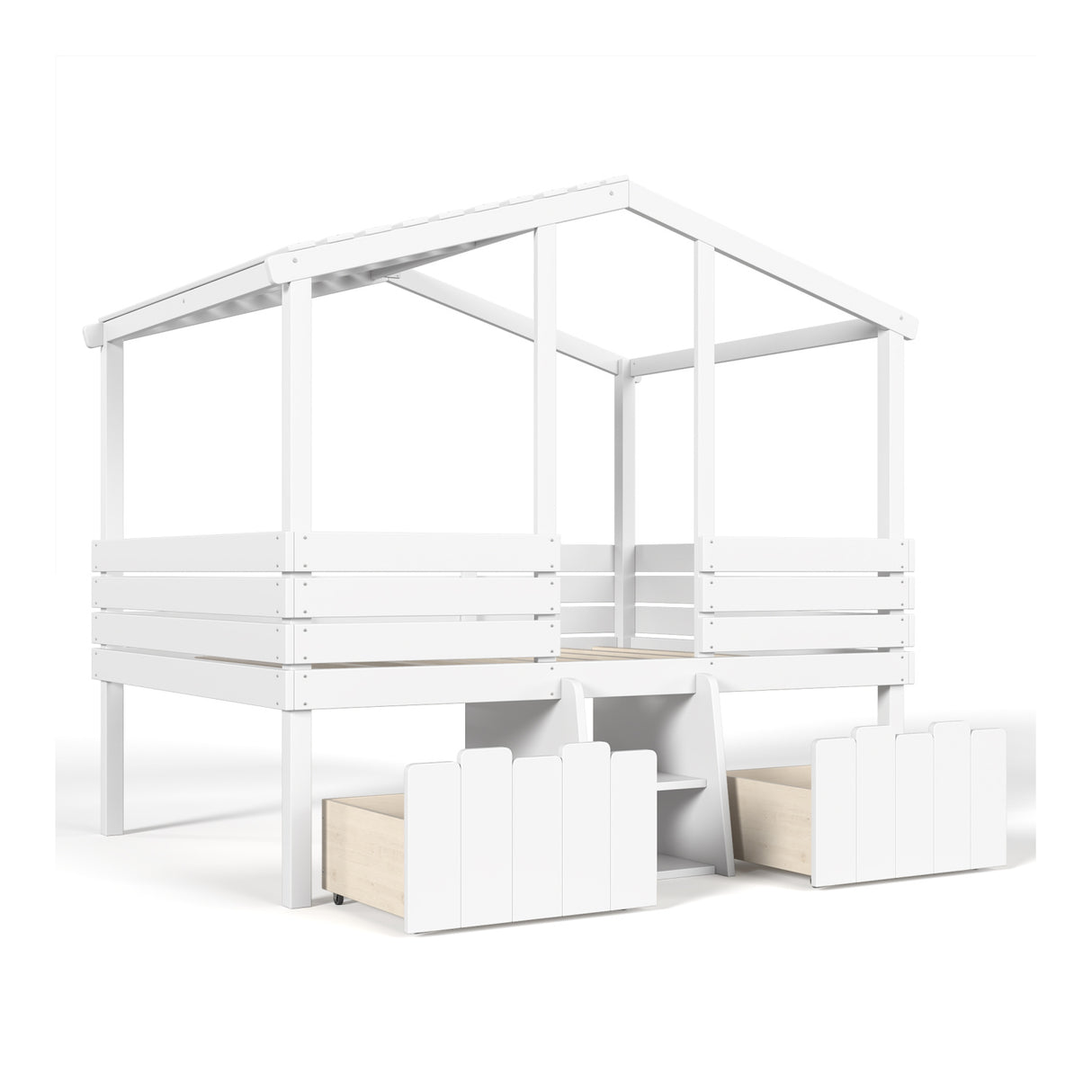 White Full House Loft Bed with Stairs and Storage Drawers | OROA Kids