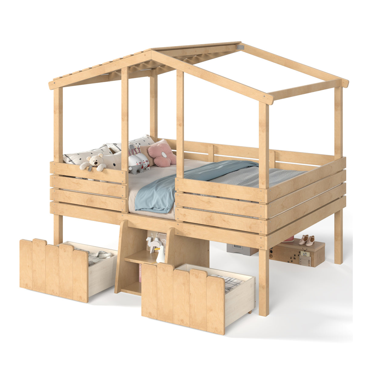 Full House Low Loft Bed with Stairs and Drawers | OROA Kids