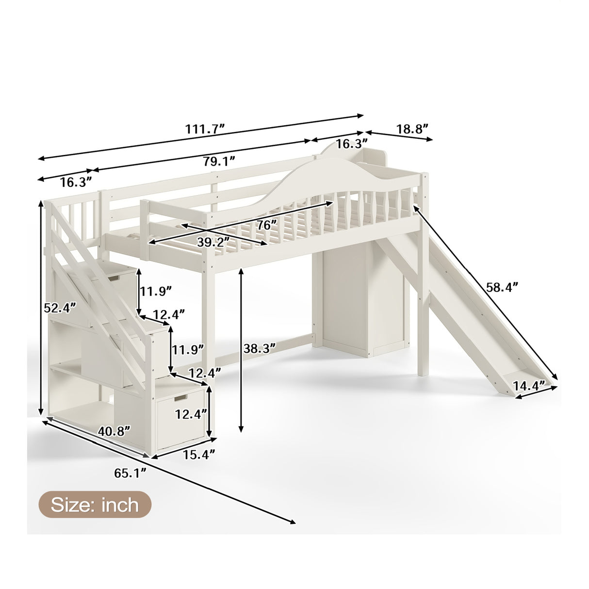 Beige Twin Loft Bed with Storage Stairs | OROA Kids