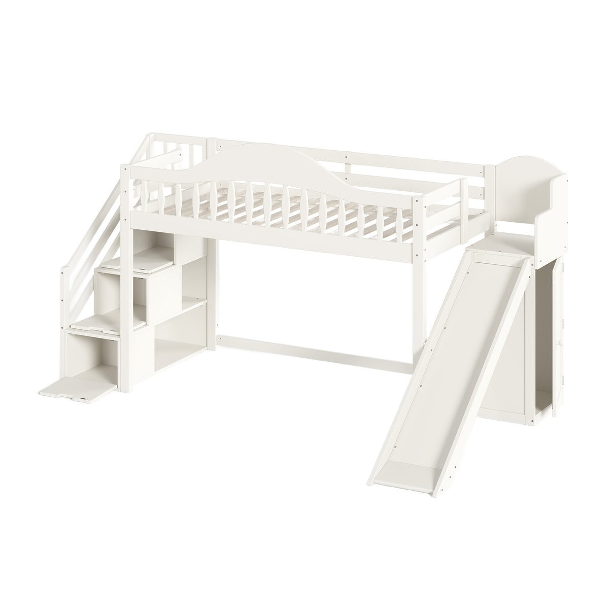 Beige Twin Loft Bed with Storage Stairs | OROA Kids