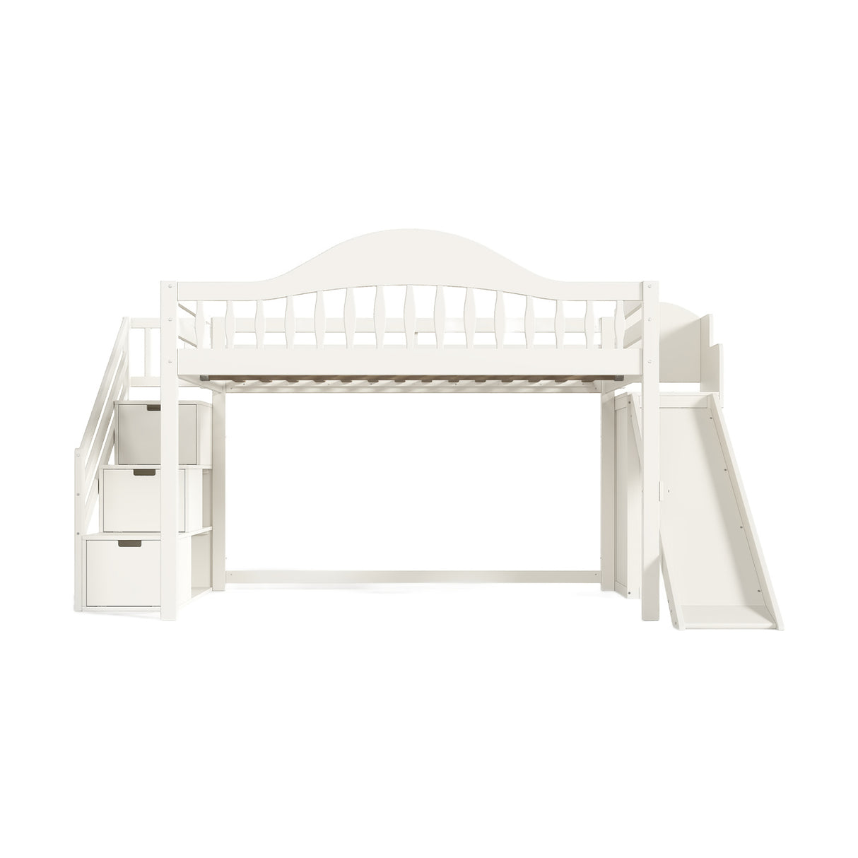 Beige Full Loft Bed with Storage Stairs, Slide & Built-in Wardrobe | OROA Kids
