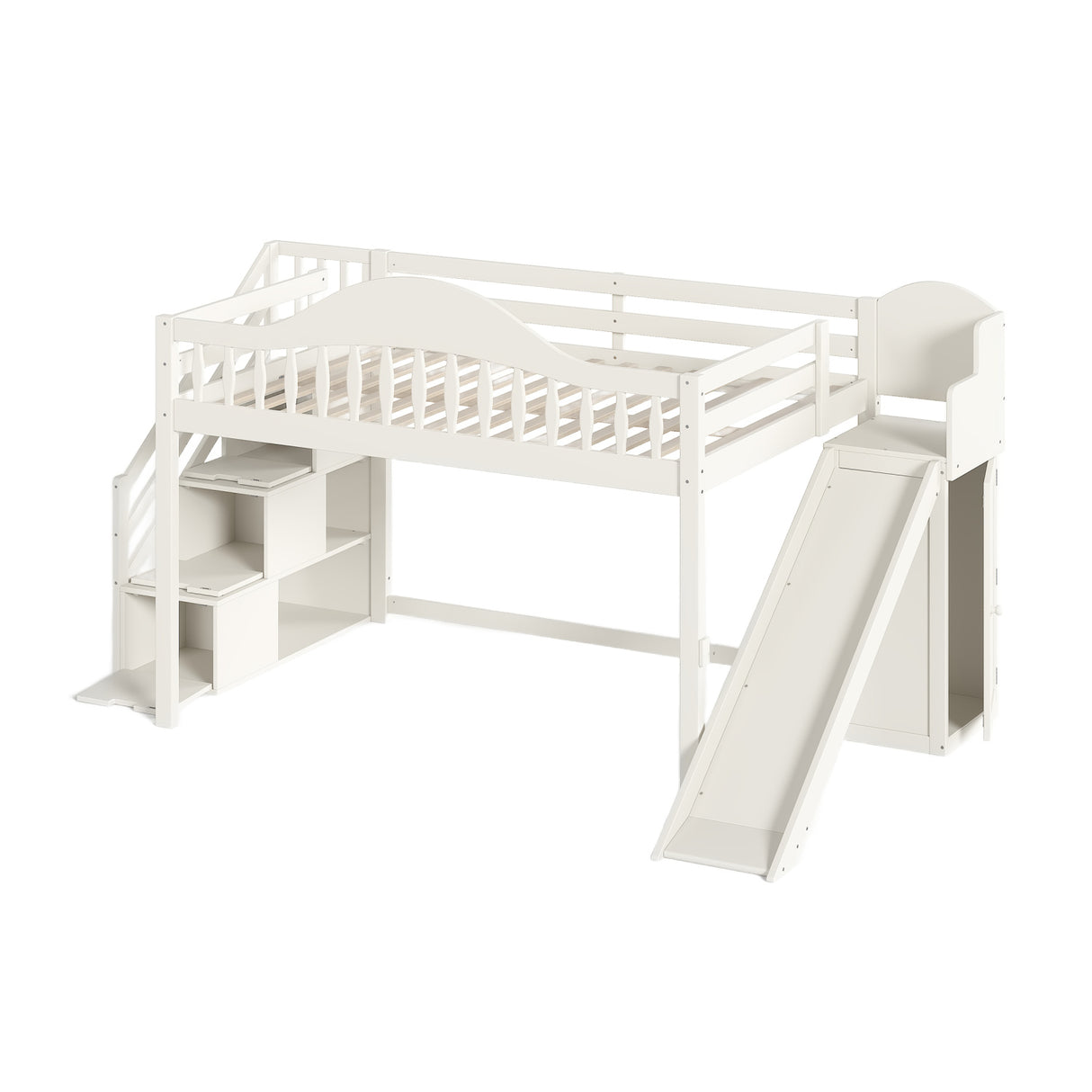 Beige Full Loft Bed with Storage Stairs, Slide & Built-in Wardrobe | OROA Kids