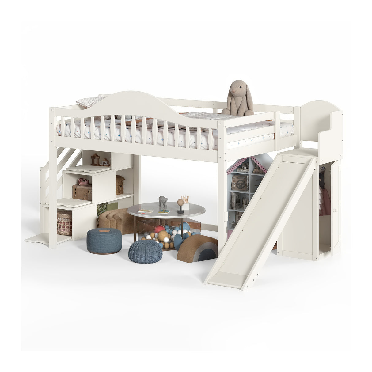 Beige Full Loft Bed with Storage Stairs, Slide & Built-in Wardrobe | OROA Kids