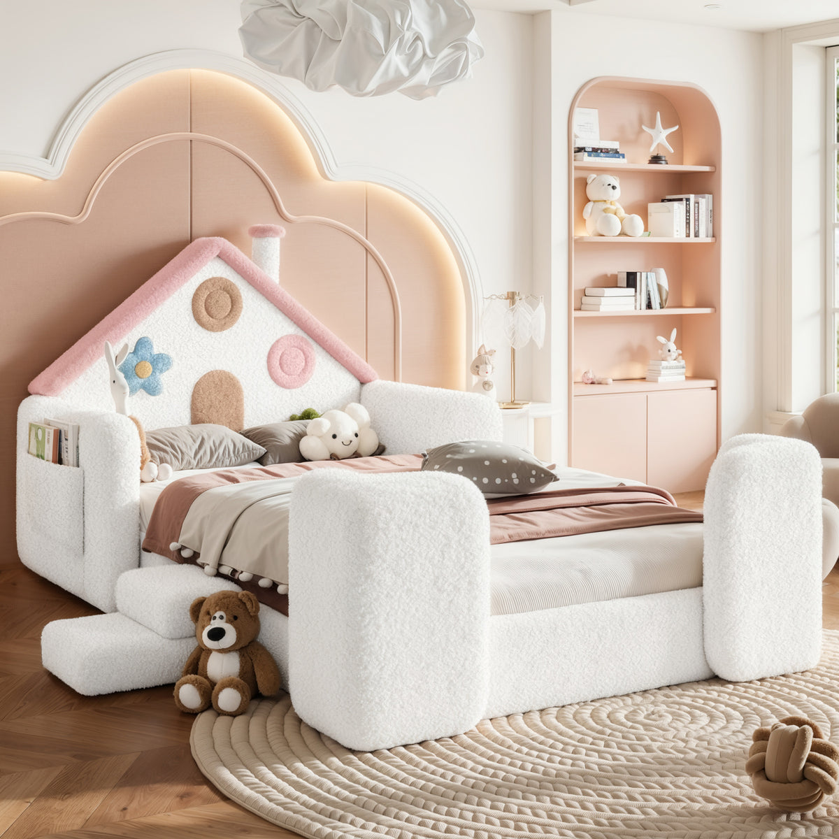 Twin House-Shaped Upholstered Kids Floor Bed | OROA Kids