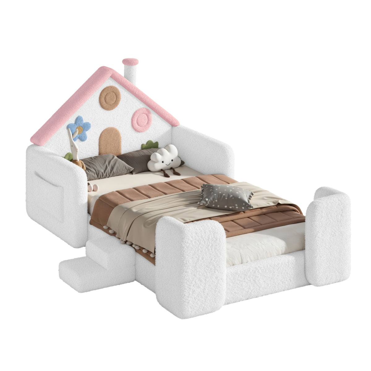 Twin House-Shaped Upholstered Kids Floor Bed | OROA Kids