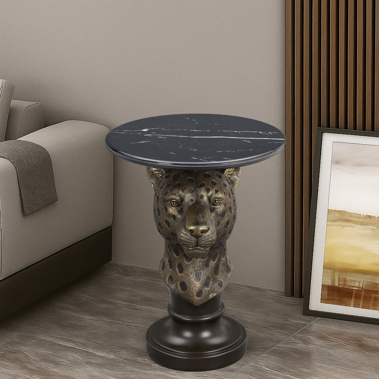 Antique Brown Leopard Head Side Table | OROA