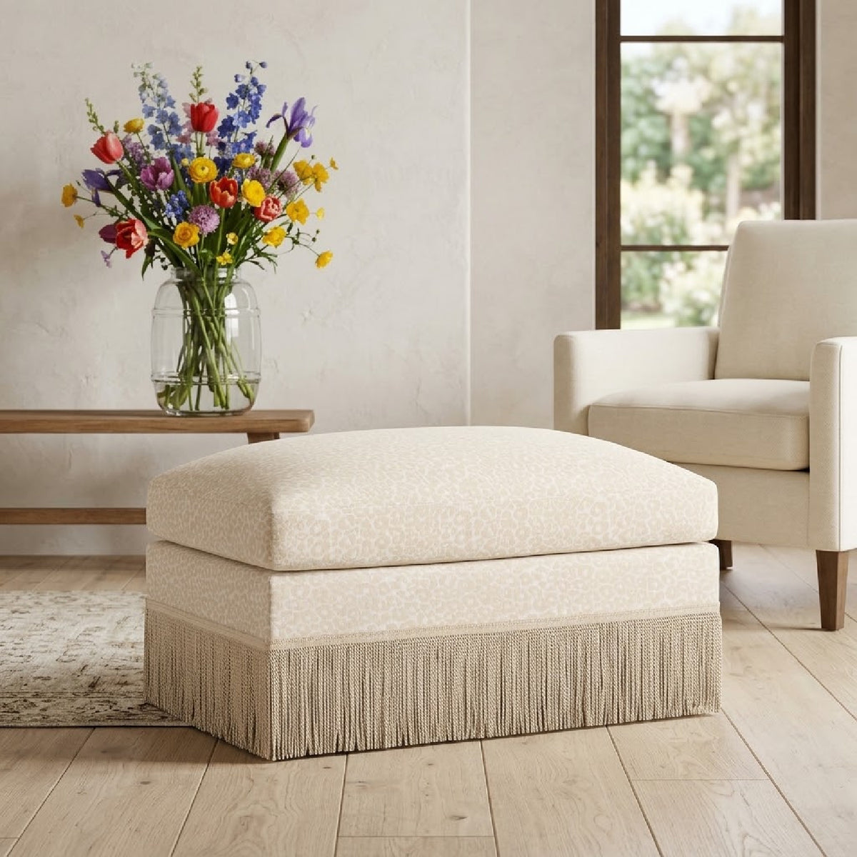 Beige Chenille Leopard Ottoman by OROA