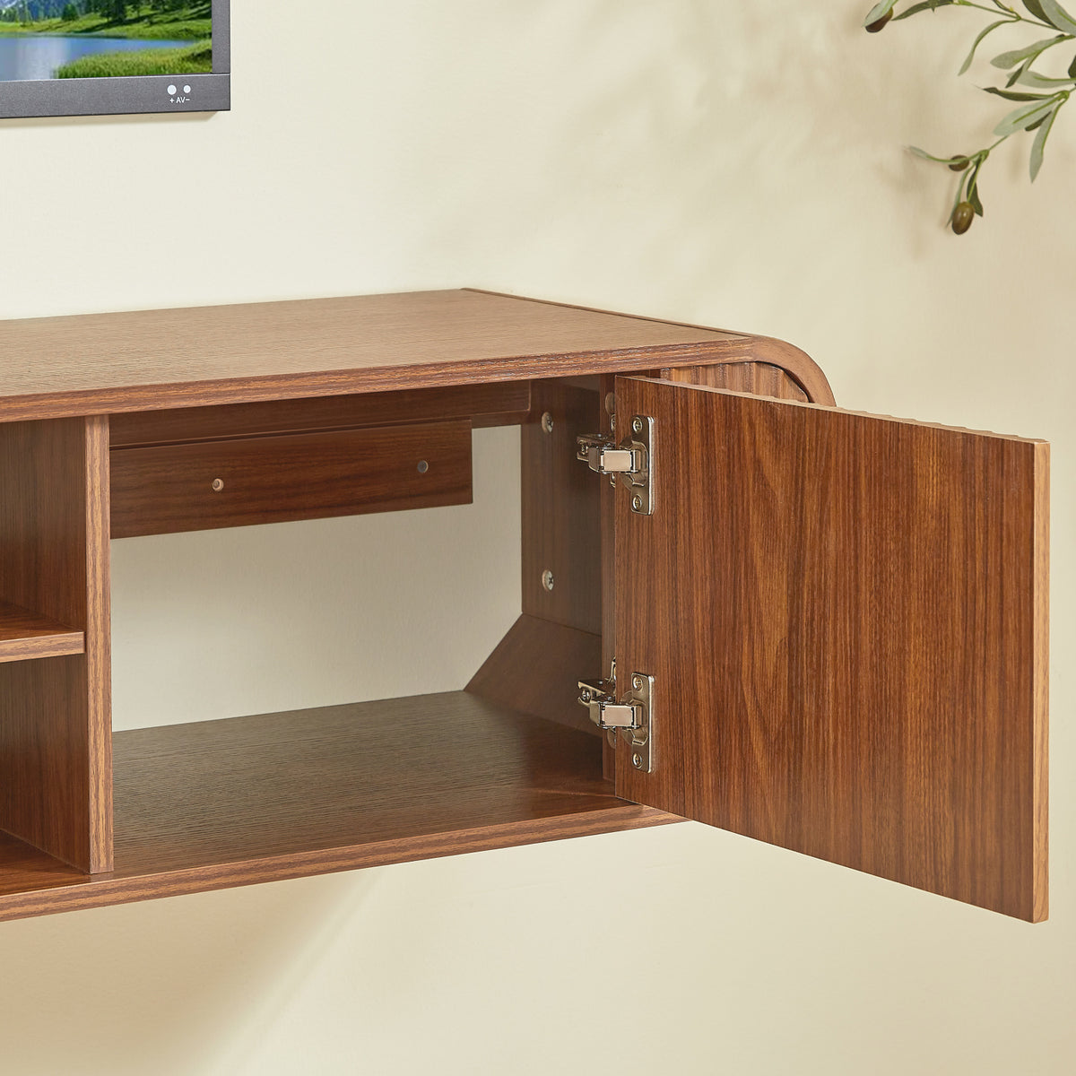 Modern European furniture - Walnut Wall‑Mounted TV Stand with Open Storage - www.oroa.com