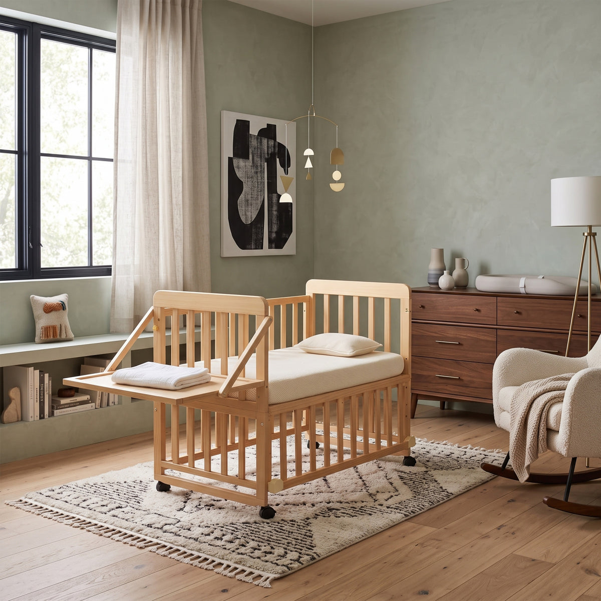 Natural Wooden Baby Crib with Changing Shelf | OROA Kids
