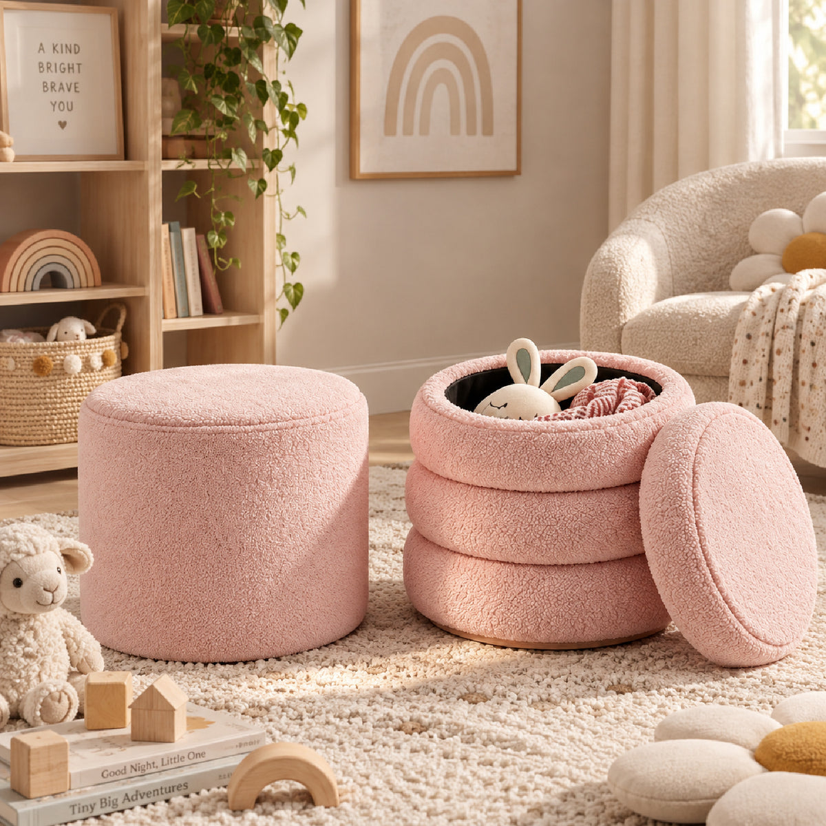 Pink Boucle Round Ottoman Set of 2 | OROA Kids