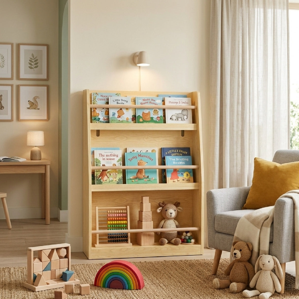 3-Tier Natural Finish Kids Bookshelf Storage Rack | OROA Kids