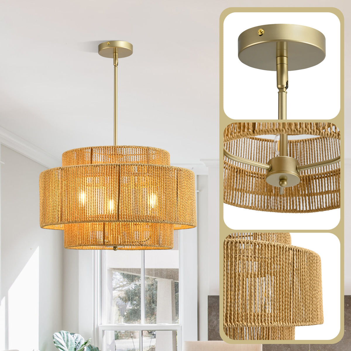 Boho Rattan 3-Light Rustic Modern Chandelier Pendant | OROA