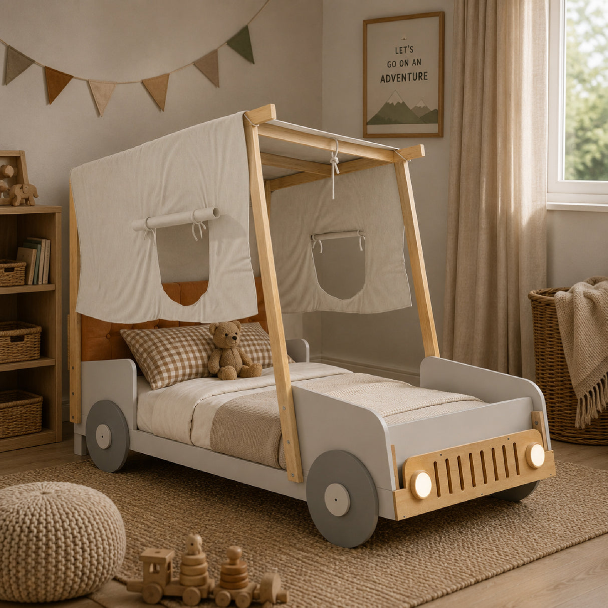Natural Wood Twin Size Car Bed with Pillow | OROA Kids