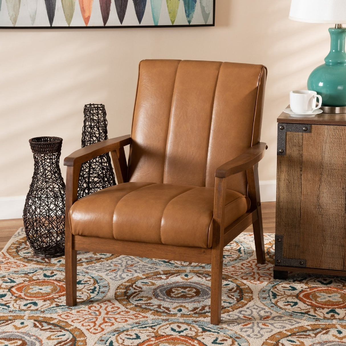 Modern European furniture - Tan Leather Effect Lounge Chair - www.oroa.com