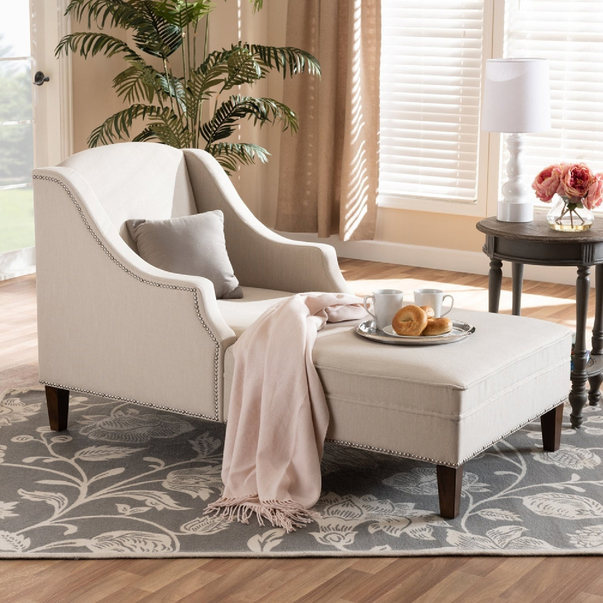 Modern European furniture - Beige Nailhead Trimmed Chaise Lounge - www.oroa.com