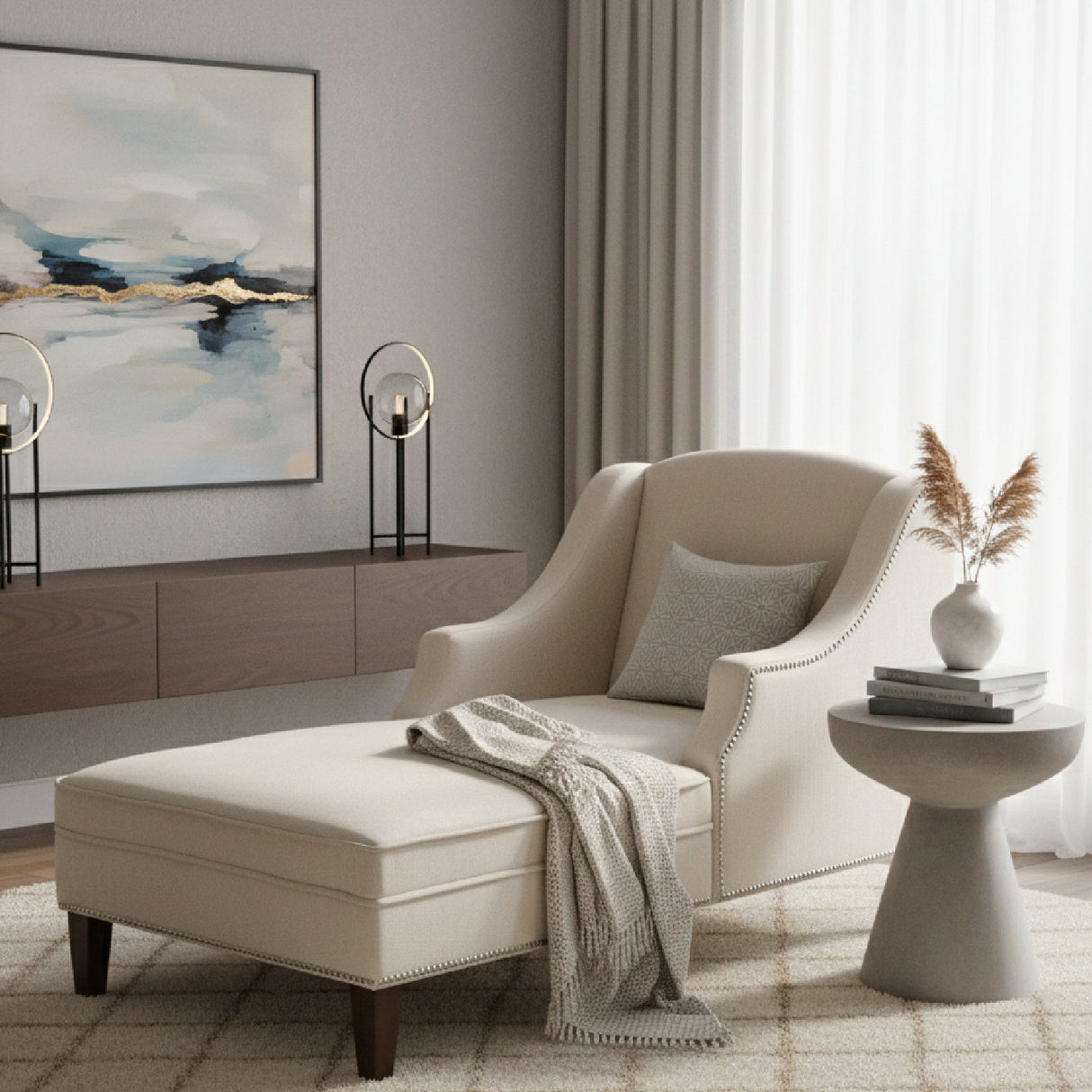 Modern European furniture - Beige Nailhead Trimmed Chaise Lounge - www.oroa.com