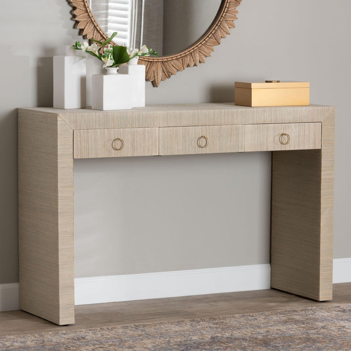 Modern European furniture - Natural Grasscloth 3 Drawer Console Table - www.oroa.com