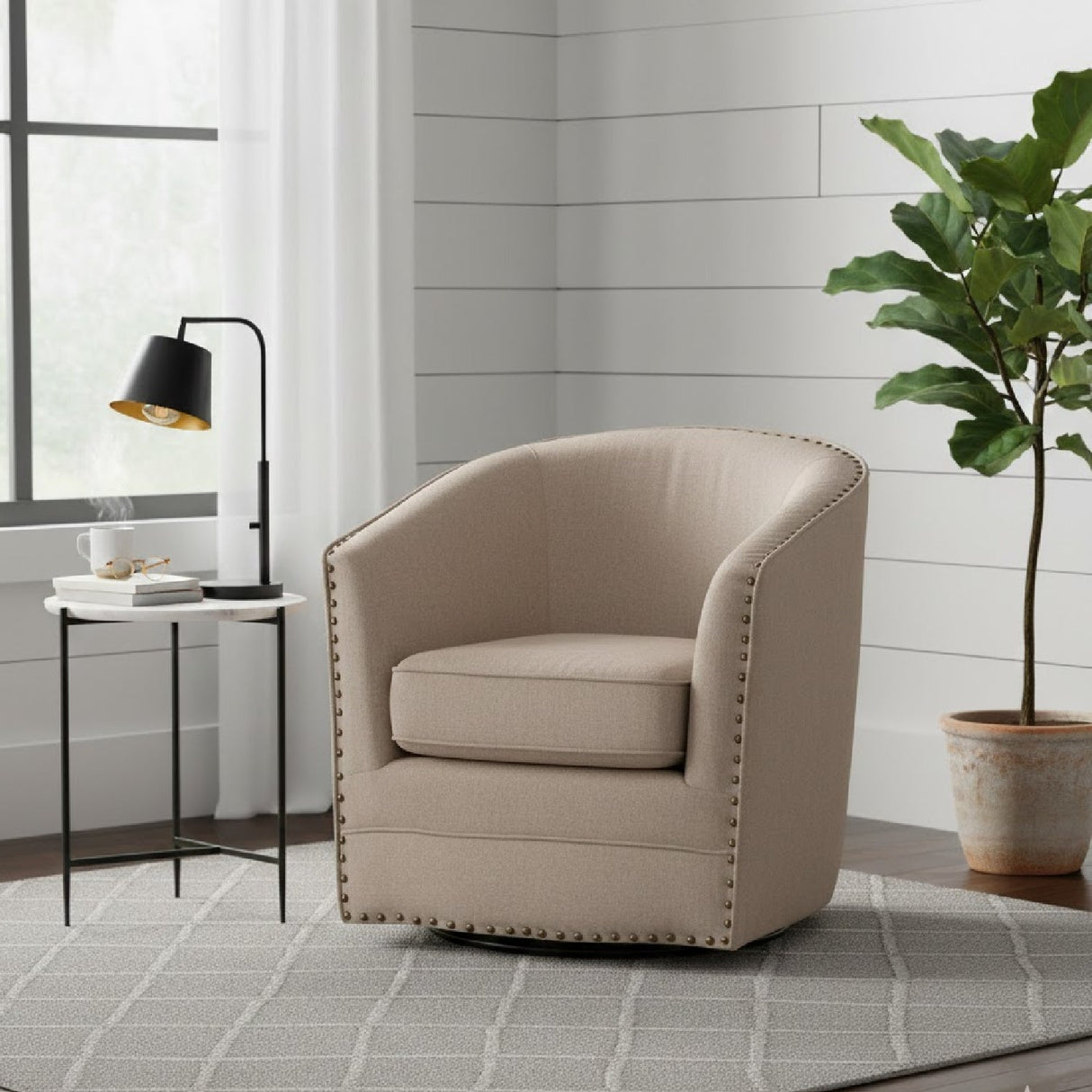 Modern European furniture - Beige Studded Swivel Tub Chair - www.oroa.com