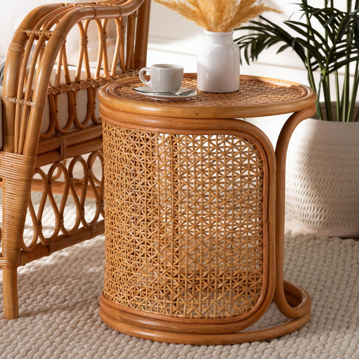 Woven Rattan Round End Table | Bali Loom Eldon | Oroa.com