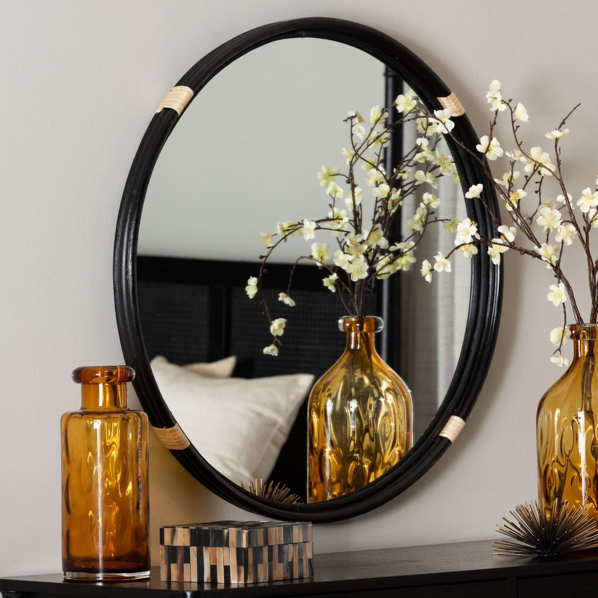 Modern European furniture - Round Black Rattan Wall Mirror - www.oroa.com