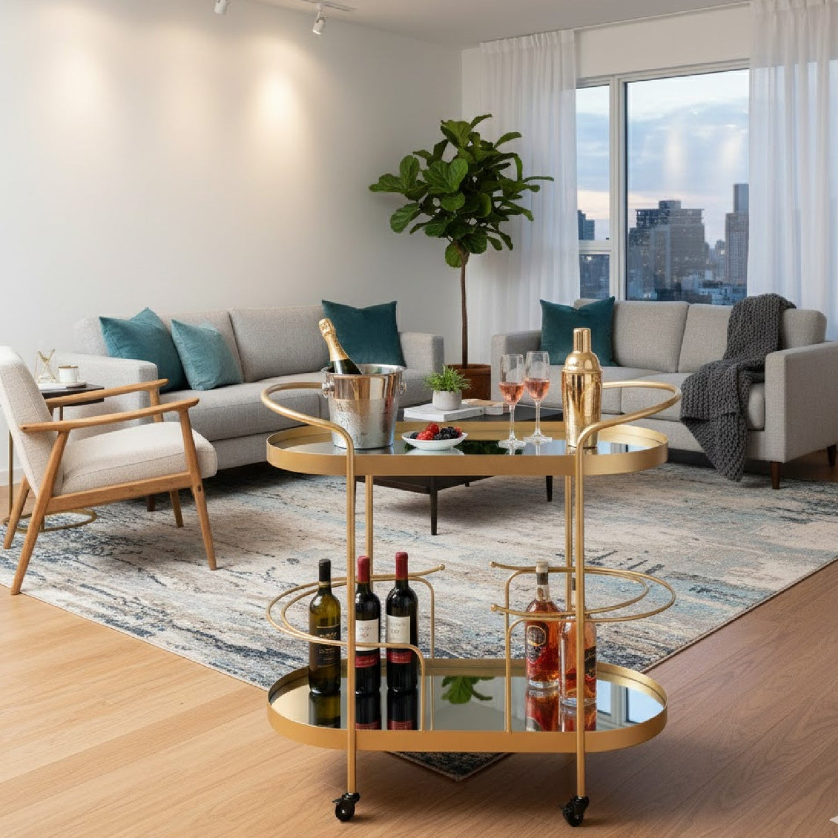 Modern European furniture - Brushed Gold Wine Bar Cart - www.oroa.com