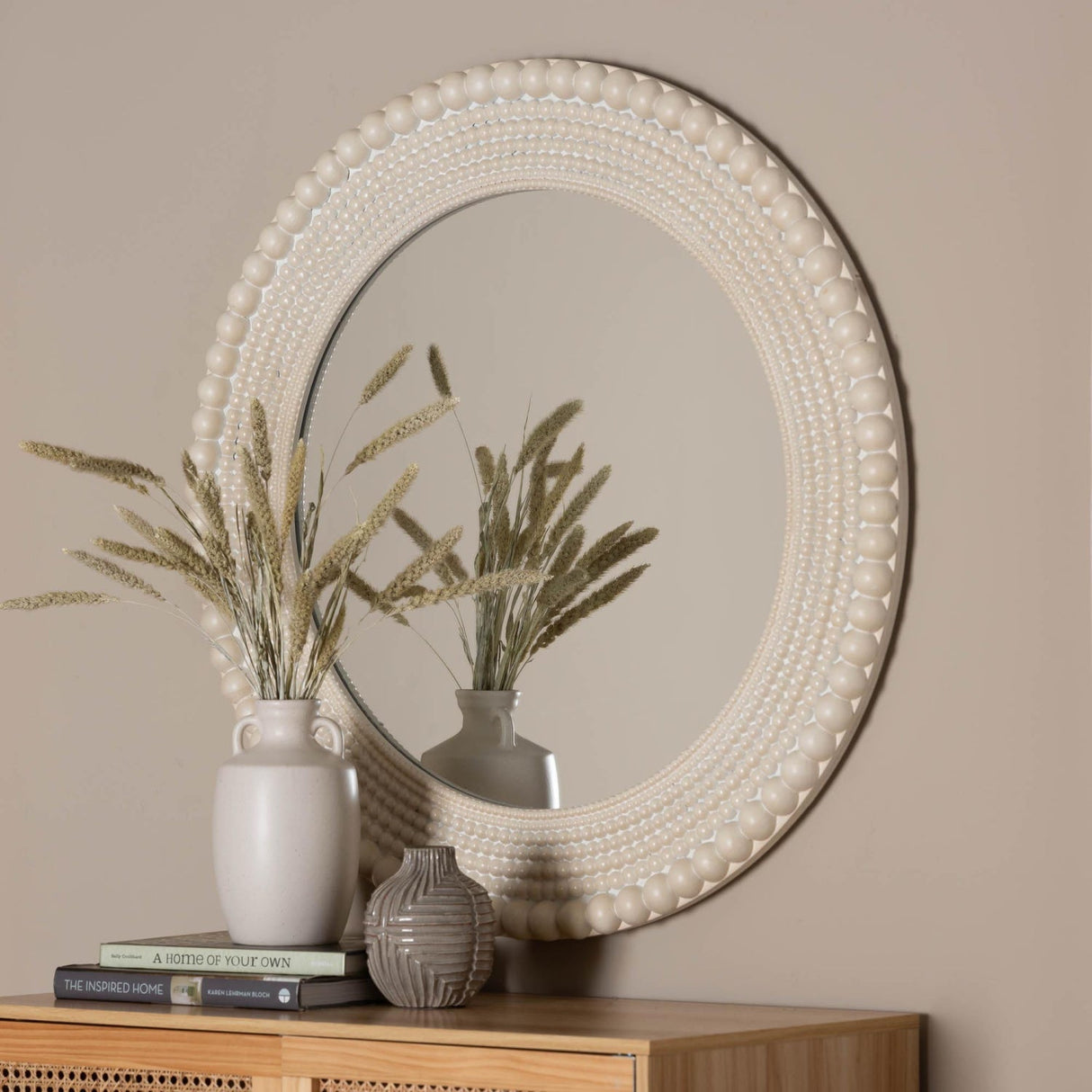 Contract furniture - Round White Beaded Accent Mirror - www.oroatrade.com