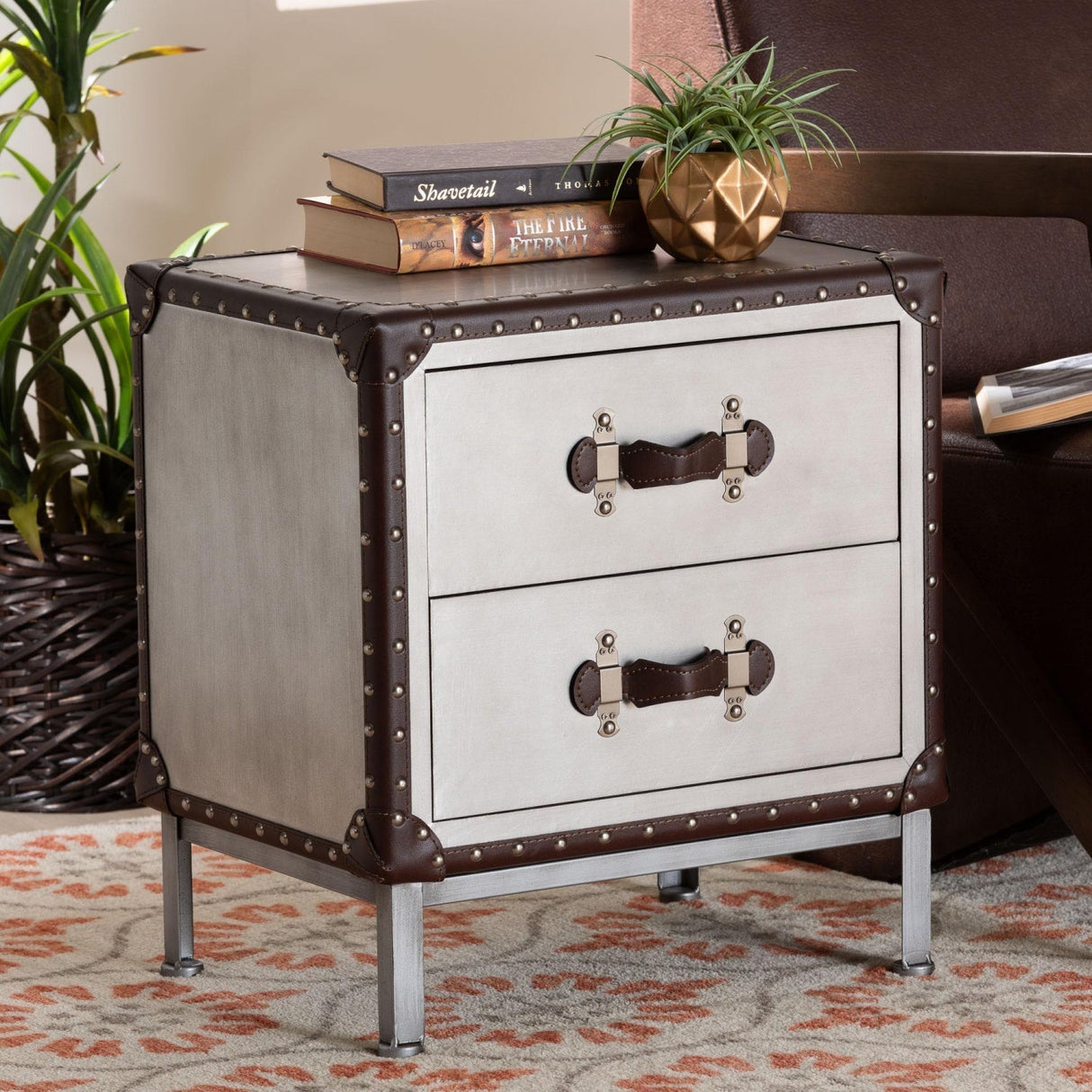 Modern European furniture - 2 Drawer Silver Vintage End Table - www.oroa.com