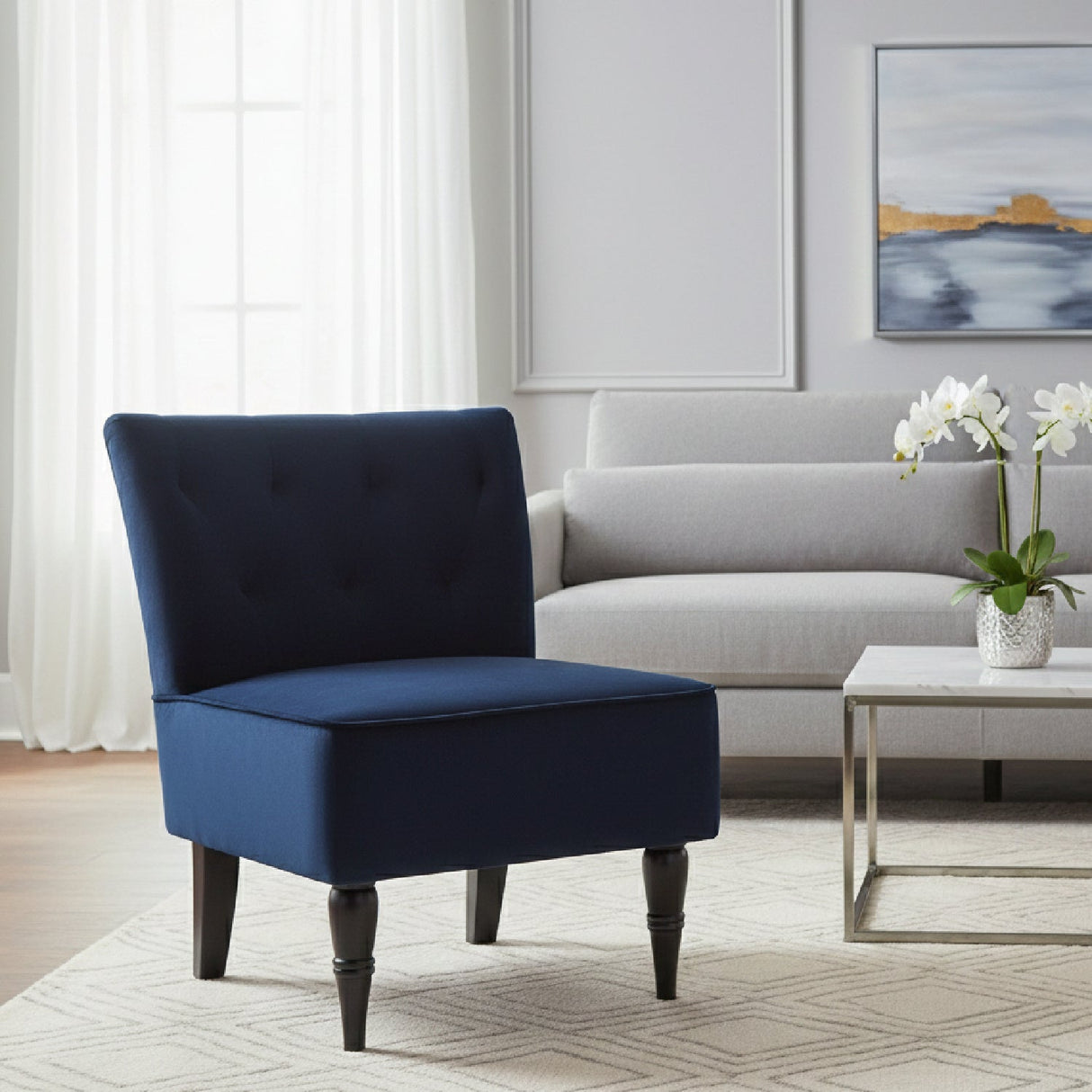 Modern European furniture - Tufted Blue Velvet Accent Chair - www.oroa.com
