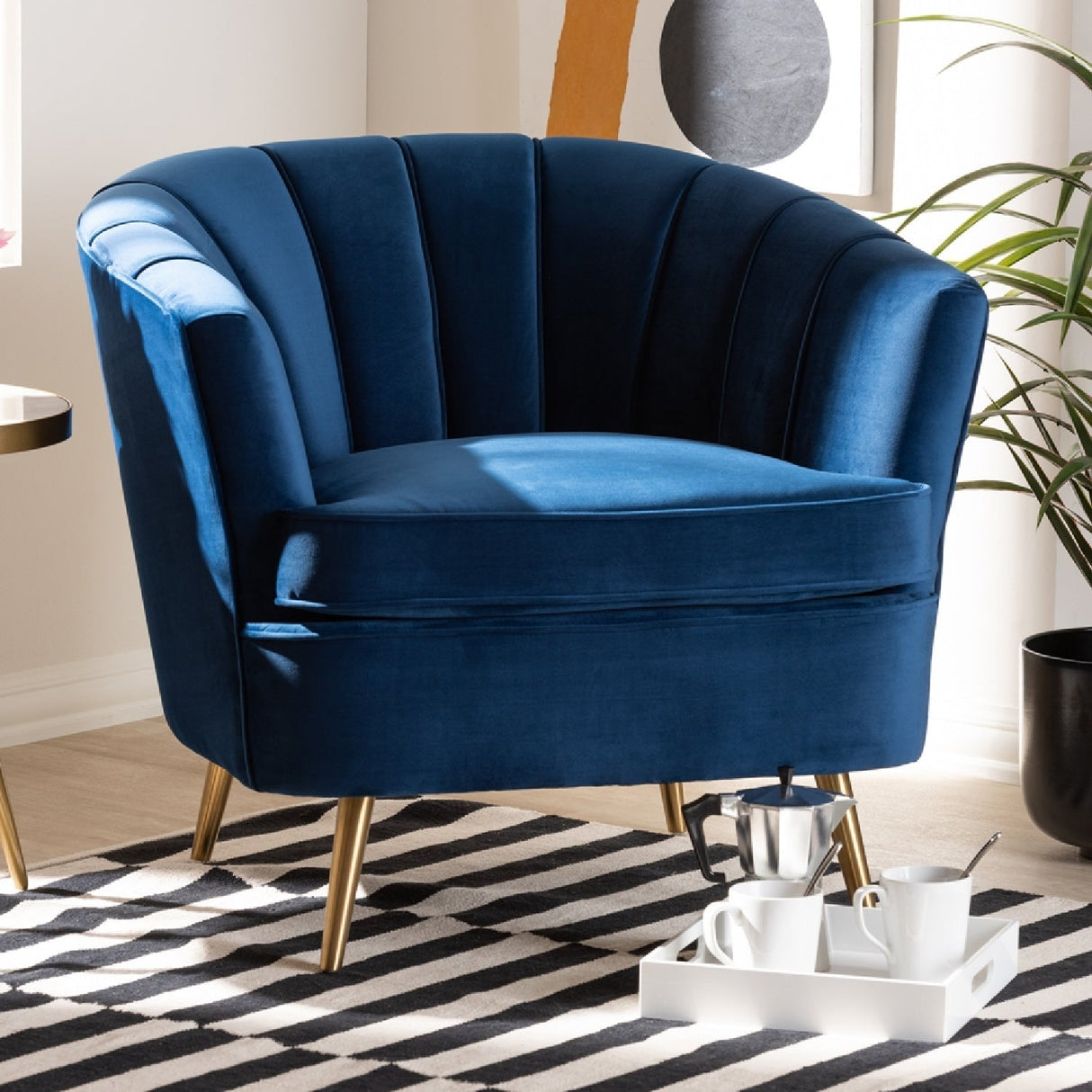 Modern European furniture - Channeled Blue Velvet Accent Chair - www.oroa.com