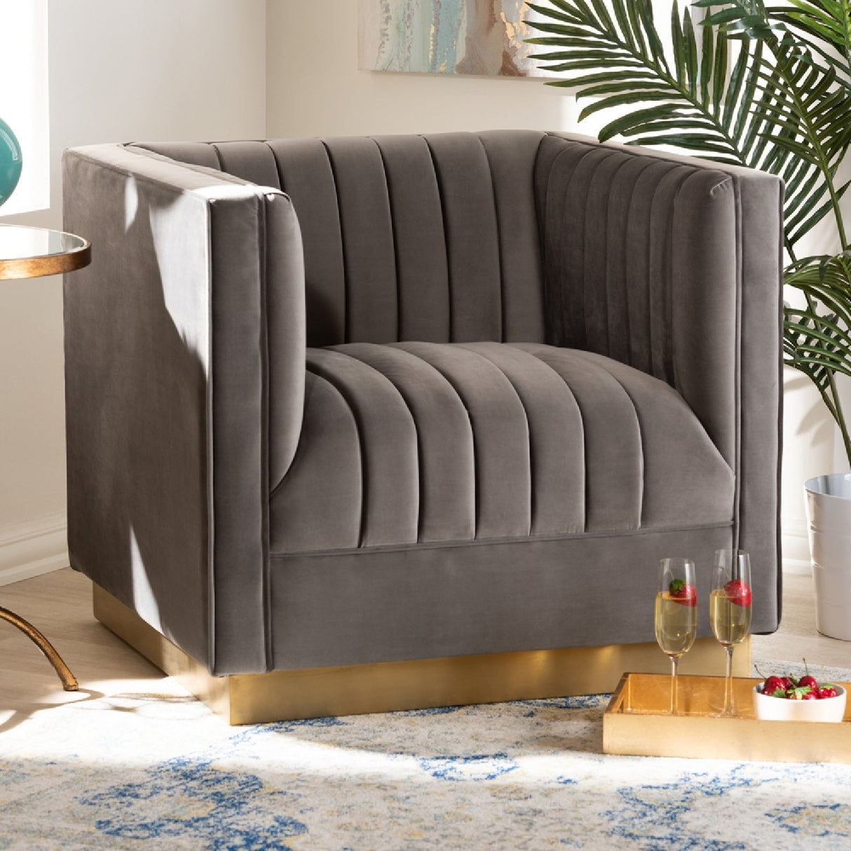 Modern European furniture - Gray Velvet Channeled Accent Chair - www.oroa.com