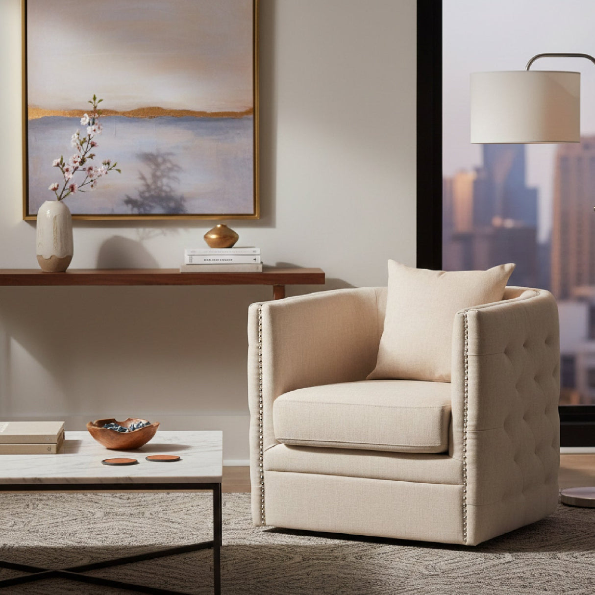 Modern European furniture - Tufted Beige Swivel Chair - www.oroa.com