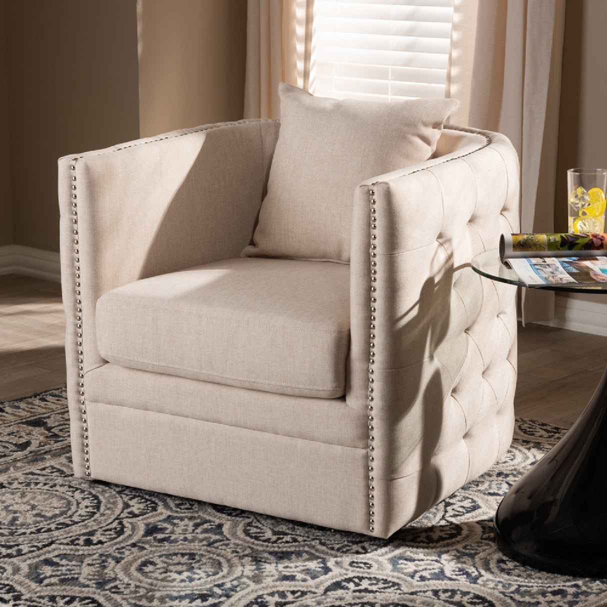 Modern European furniture - Tufted Beige Swivel Chair - www.oroa.com