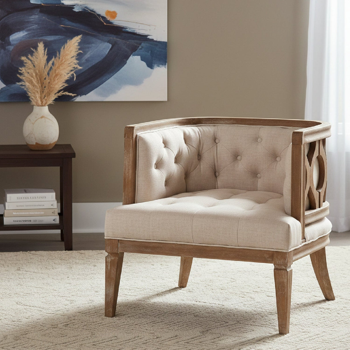 Modern European furniture - Button Tufted Beige Accent Barrel Chair - www.oroa.com