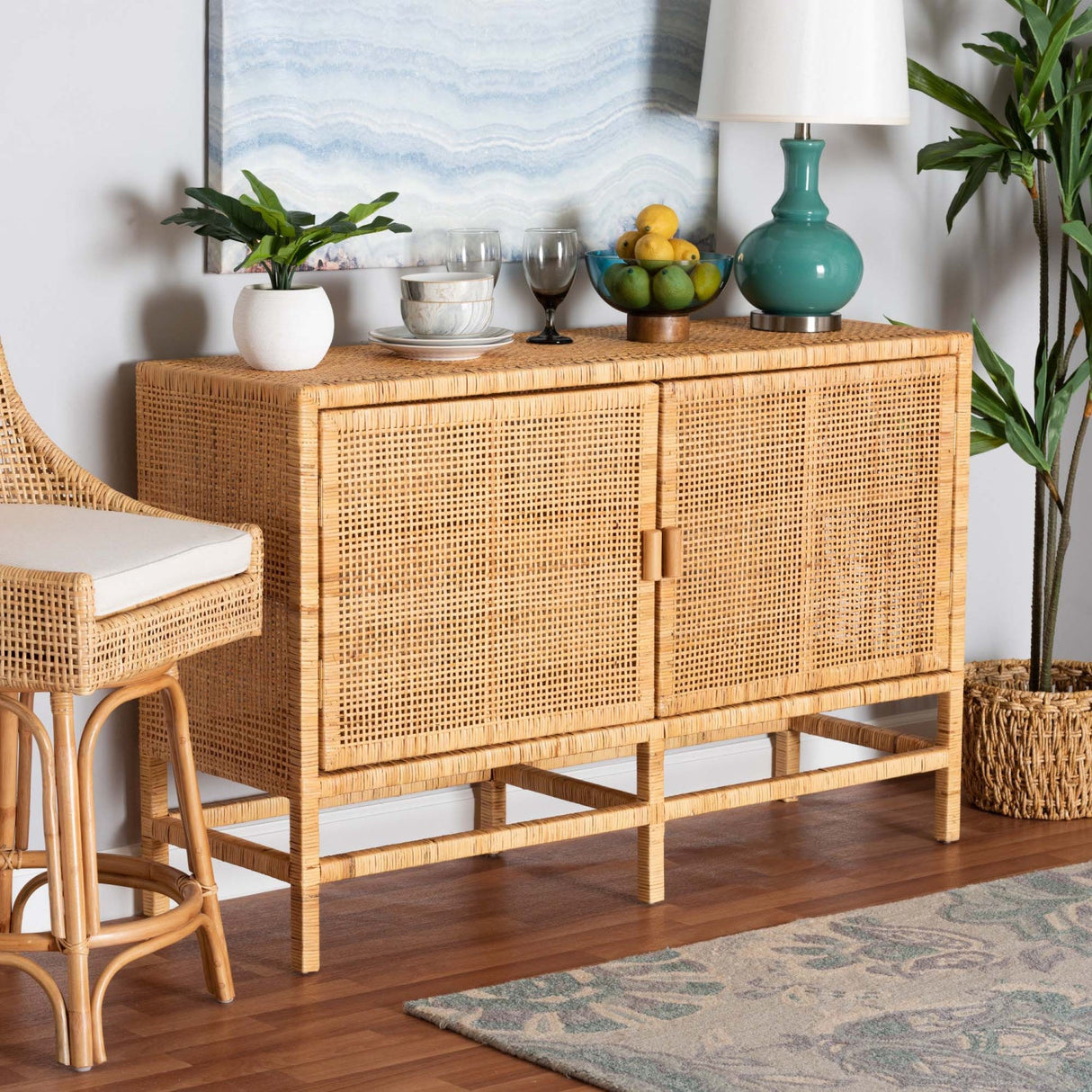 Modern European furniture - Mahogany Framed Rattan Cabinet - www.oroa.com