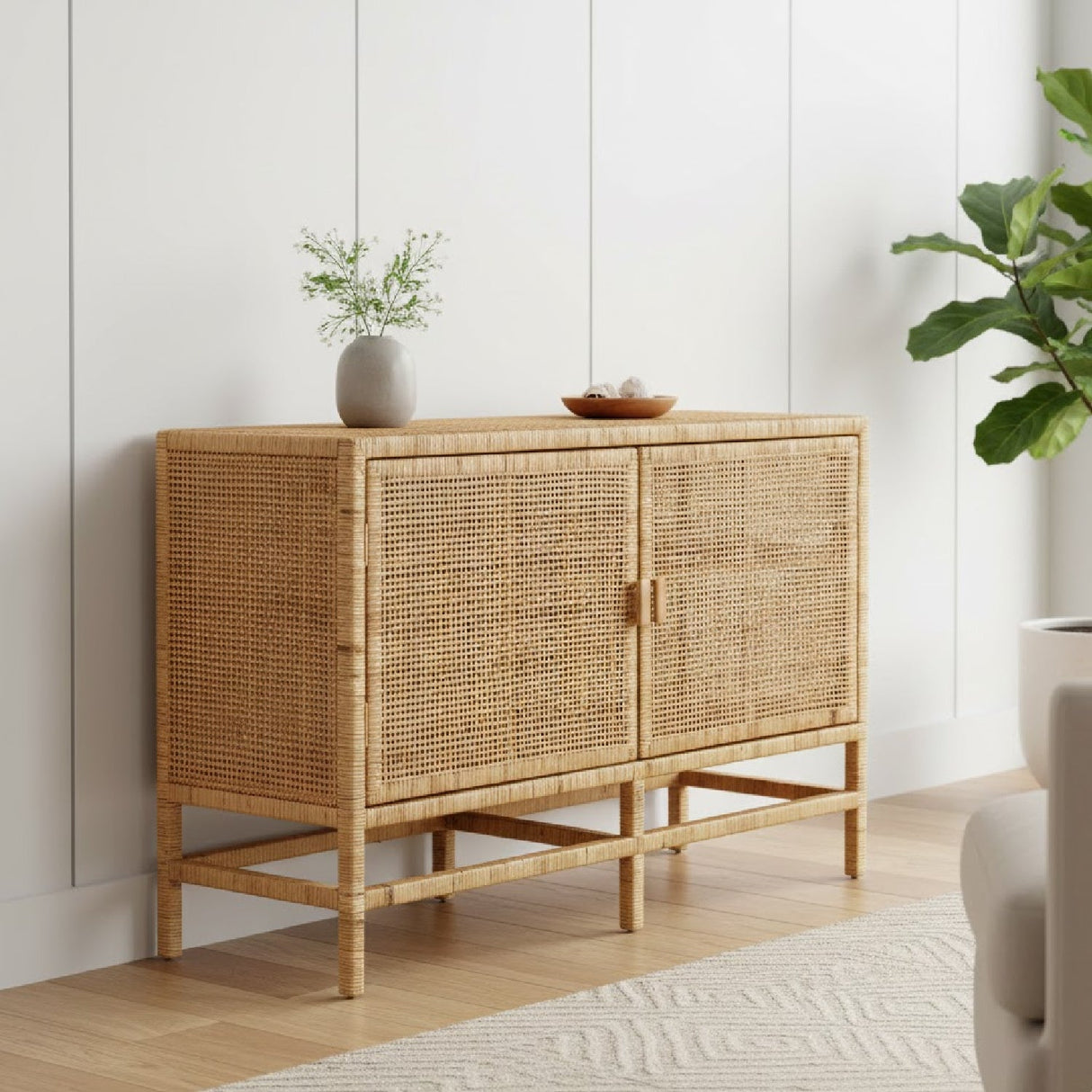 Modern European furniture - Mahogany Framed Rattan Cabinet - www.oroa.com