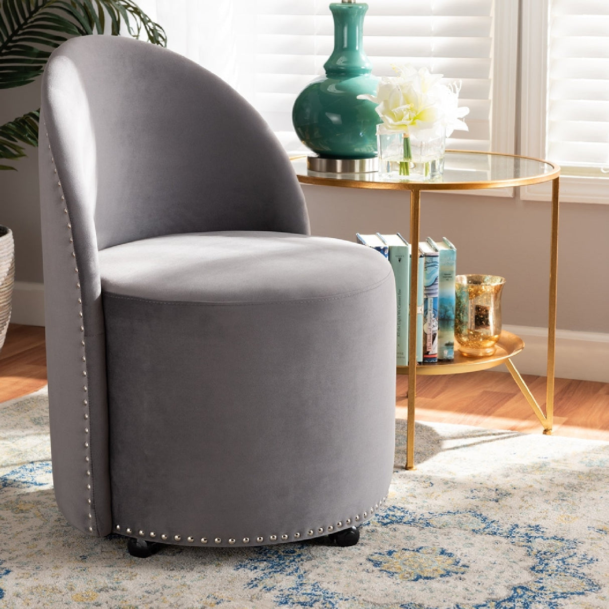 Modern European furniture - Studded Velvet Rolling Accent Chair - www.oroa.com