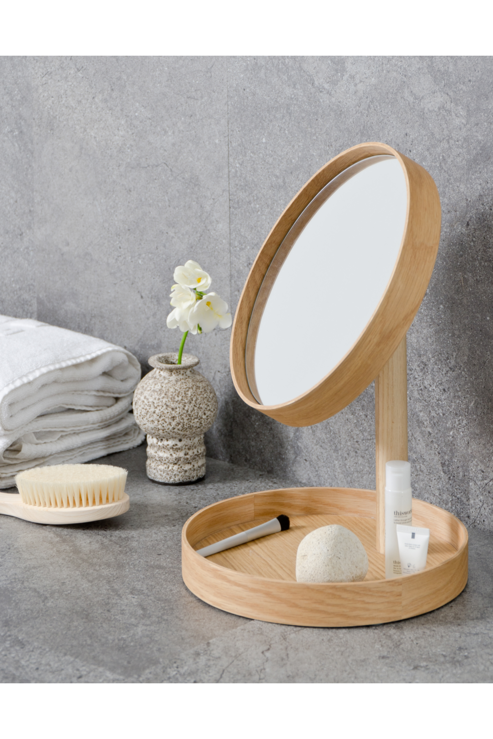 Oak Magnifying Vanity Mirror with Storage Tray | Wireworks Look | Oroa.com