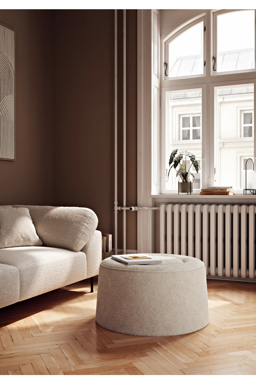 Beige Bouclé Upholstered Pouf | WOUD Praline | OROA.com