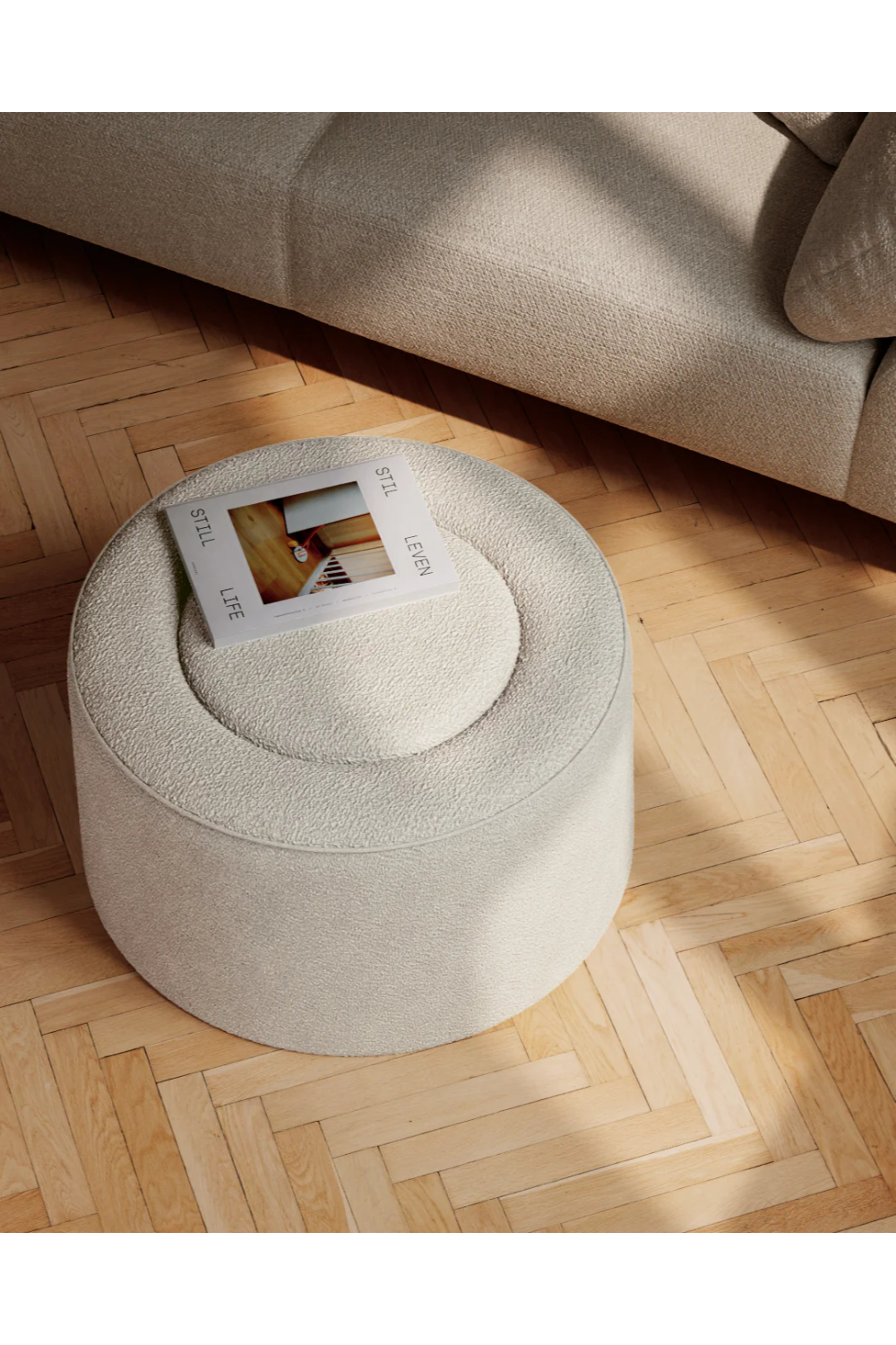 Beige Bouclé Upholstered Pouf | WOUD Praline | OROA.com