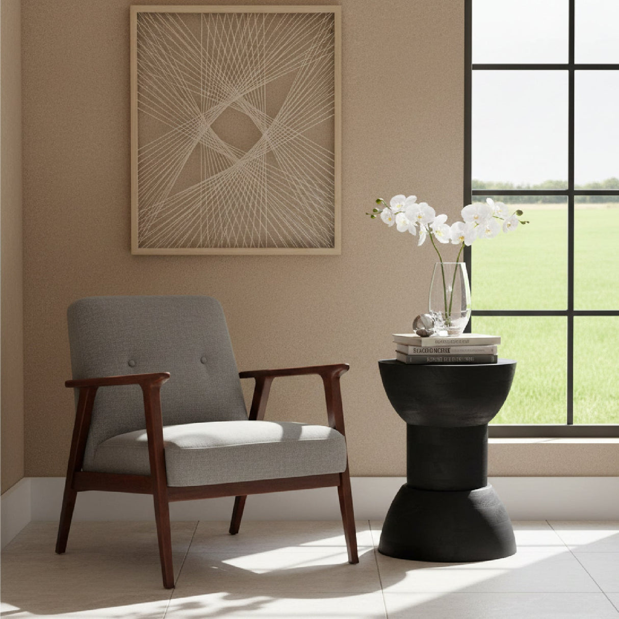 Black Wooden Hourglass Side Table – Wisdom – angled view