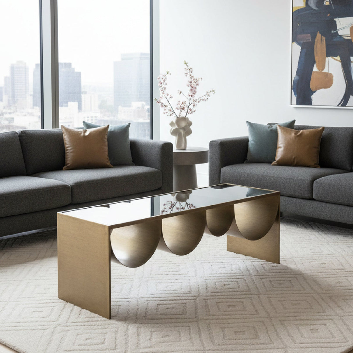 Brass-Framed Glass Coffee Table – Reed – angled view
