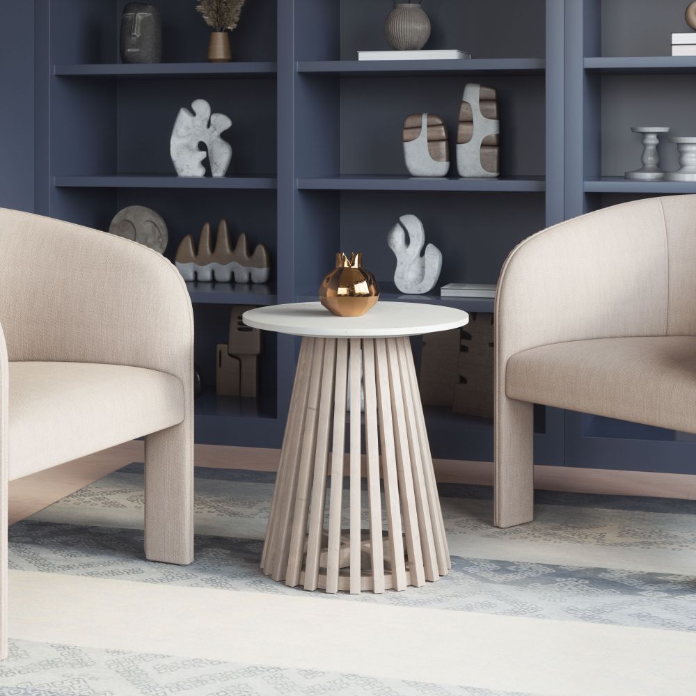 White Marble Round Side Table – Mazara – angled view